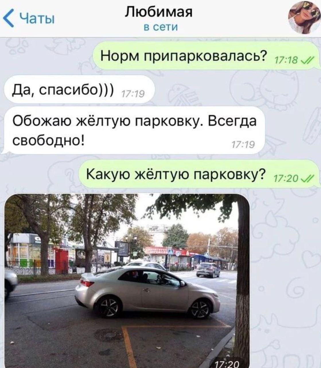 в сети Чаты Любимая Норм припарковалась Да спасибо Обожаю жёлтую парковку Всегда свободно Какую жёлтую парковку
