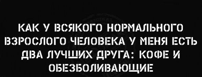 КАК ВСЯКОГО НОРМАЛЬНОГО ВЗРОСЛОГО ЧЕЛОВЕКА МЕНЯ ЕСТЬ ДВА ЛУЧШИХ ДРЛА КОФЕ И ШБЕЗБОЛИБАЮЩИЕ