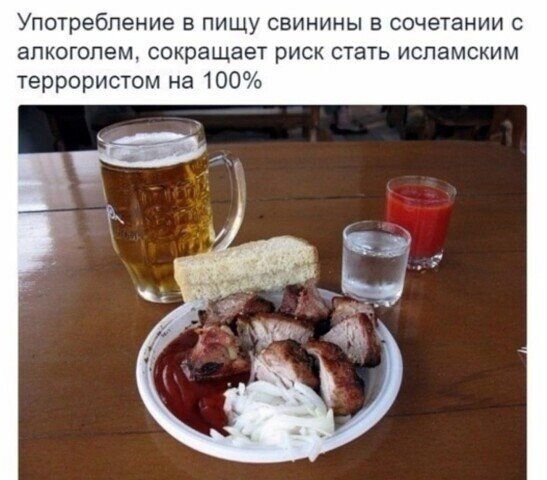 Употребление в пищу свинины в сочетании с алкоголем сокращает риск стать исламским террористом на 100