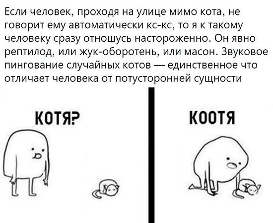 Если человек проходя на улице мимо кота не говорит ему автоматически кс кс то я к такому человеку сразу отношусь настороженно Он явно рептилод или жукоборотень или масон Звуковое пинтование случайных котов единственное что отличает человека от потусторонней сущности КОТЯ КОПТЯ