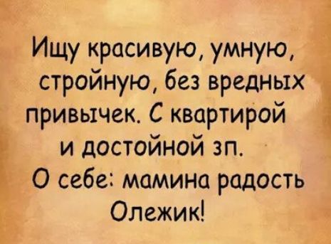 Ищу красивую умную стройную без вредных привычек С квартирой и достойной зп О себе мамина радость Олежик