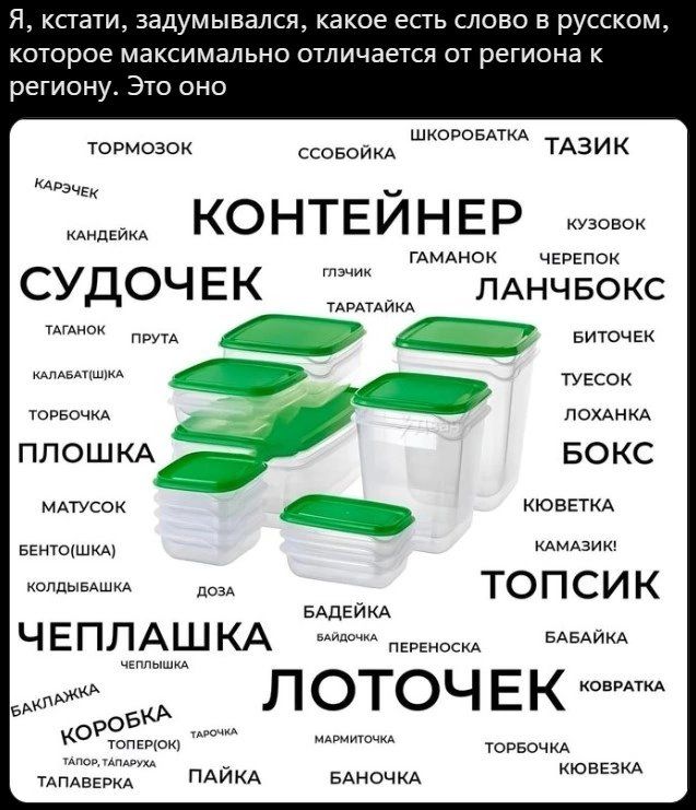 я канта задумывался какое есть слово в русском которое максимально отличается от региона к региону Это оно шкпдпвмкд ОРМОЭОК ссовпикд ТАЗИК КОНТЕЙНЕР гдмАнск чьРЕПсх СУДОЧ ЕК ЛАНЧБОКС Пипл _ Г Биточки _ а г тУЕсок _ ППОШКА БОКС МАПсок _ кюавтм эмо зимнии щм ТОПСИ К БАдЕииА ЧЕПЛАШКА лоточ ЕК ПАЙКА вАночкА