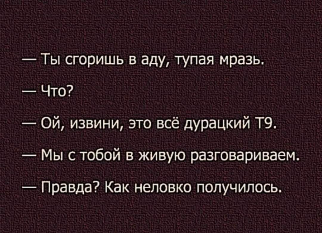 Ты сгоришь в аду тупая мразь Что Ой извини это всё дурацкий Т9 Мы с тобой в живую разговариваем Правда Как неловко получилось