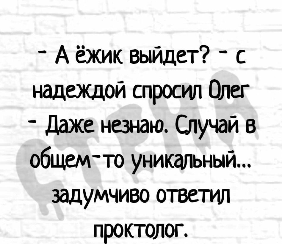 А ёжик выйдет с надеждой спросил Олег Даже незнаю Случай в общем то уникальный задумчиво ответил проктолог