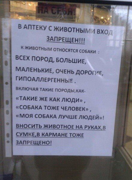 В АПТЕКУ С ЖИВОТНЫМ 18ХО ЗАПРЕЩЕН животным относякя совдки ВСЕХ ПОРОД БОЛЬШИЕ МАЛЕНЬКИЕ ОЧЕНЬ ДОРОГИЕ ГИПОАЛЛЕРГЕННЫЕ включи КАКИЕ погодыждк ТАКИЕ ж кдк люди СОБАКА тоже человек моя СОБАКА лучше ЛЮДЕЙ вносить животное НА рукдхв СУМКЕ В КАРМАНЕ ТОЖЕ ЗАПРЕЩЕНО