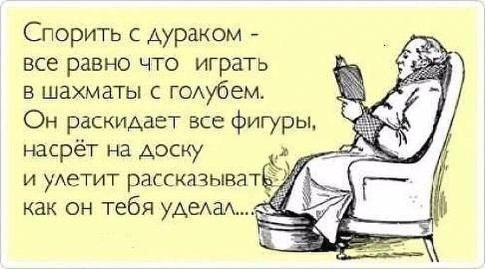 Спорить с дураком все равно что играть в шахматы с голубем Он раскиАает все фигуры насрет на доску и уАетит рассказыват как он Тебя удедам