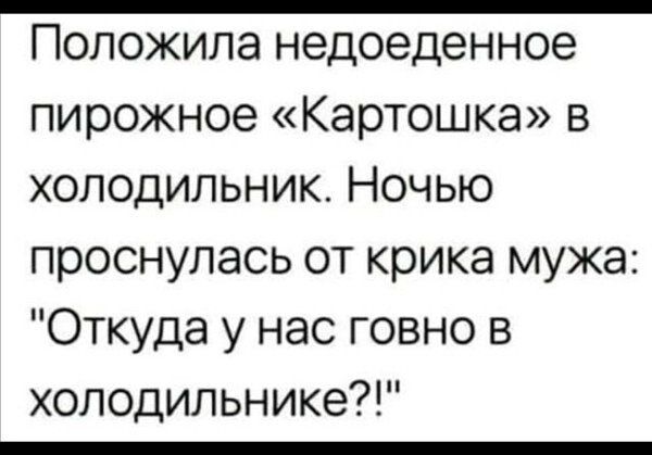 Попожила недоеденное пирожное Картошка в холодильник Ночью проснулась от крика мужа Откуда у нас говно в холодильнике