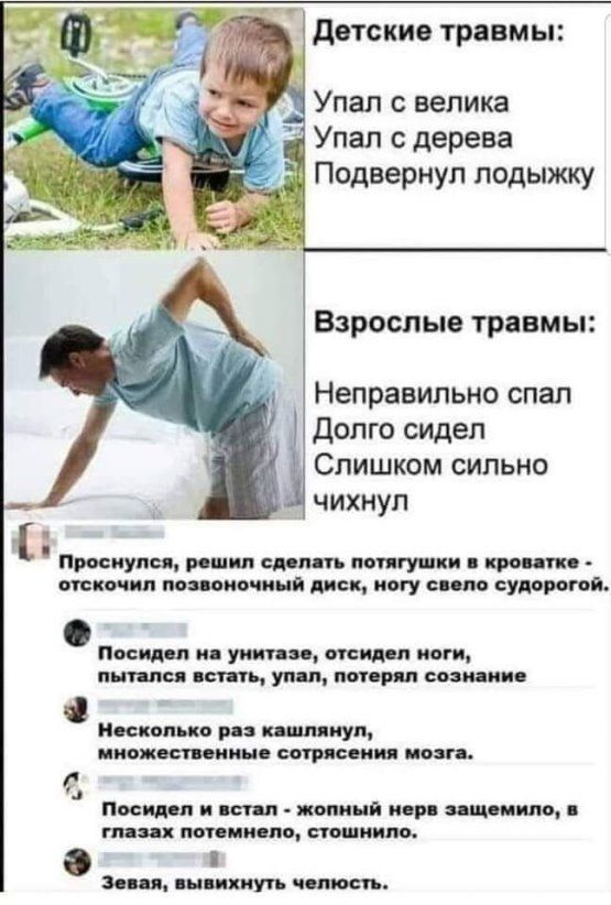 датские травмы Упал с велика Упал с дерева Подвернуп лодыжку Взрослые травмы Неправильно спал долго сидел Слишком сильно чихиул проснулся и л цоп п там в т мим мия диск ногу пм су нос и уиипи ить уп сии ии пилить в н пил им имитп п имп цитатымнпшитщд пт псп исп помним шип ит