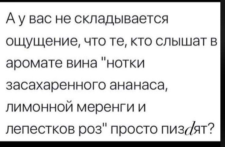 А у вас не складывается ощущение что те кто слышат в аромате вина нотки засахаренного ананаса лимонной меренги и лепестков роз просто пизкят