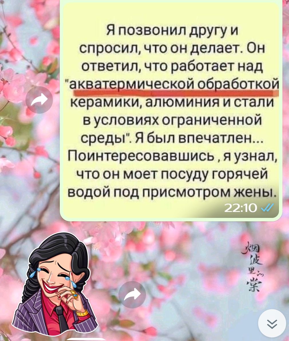 Я позвонил другу и спросил что он делает Он ответил что работает над ческой об аботкой _ керамики алюминия и стали в условиях ограниченной Ы среды Я был впечатлен Поинтересовавшись я узнал что он моет посуду горячей ны