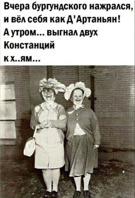 Вчера бургундского нажрался и ВЁА себя как дАртаньян А утром выгнал двух Констанций к хям