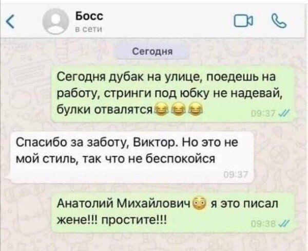 Вт 31 Спиди Сегодня дубак на улице поедешъ на работу стринги под юбку ие надевай булки свалятся О С Спасибо за заботу Виктор Но это не мой стиль так что не беспокойся Анатолий Михайлович я это писал жене простите