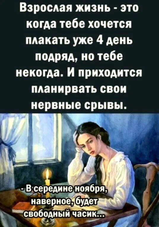 Взрослая жизнь это когда тебе хочется плакать уже 4 день подряд но тебе некогда и приходится пяанирвать свои нервные срывы г середнне ноября