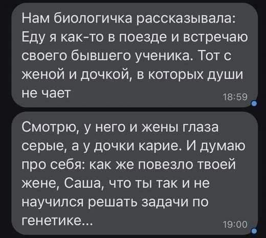 Нам биологичка рассказывала Еду Я както В поезде И встречаю своего бывшего ученика Тот с женой и дочкой в которых души не чает 59 _ Смотрю у него и жены глаза серые а у дочки карие И думаю про себя как же повезло твоей жене Саша ЧТО ТЫ ТЗК И не научился решать задачи по генетике 19 00 _