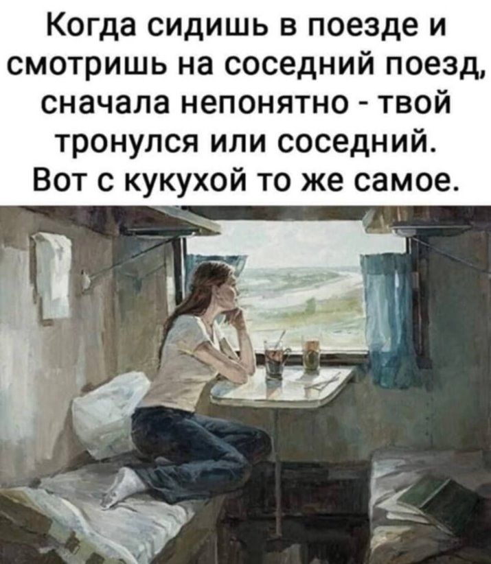 Когда сидишь в поезде и смотришь на соседний поезд сначала непонятно твой тронулся или соседний Вот с кукухой то же самое