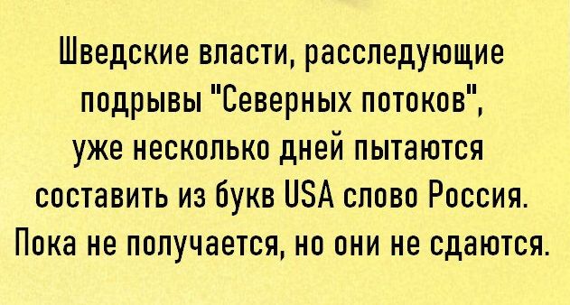 Шведские власти расспедующие подрывы Северных потоков уже несколько дней пытаются составить из букв НЗА сппвп Россия Пока не получается но они не сдаются