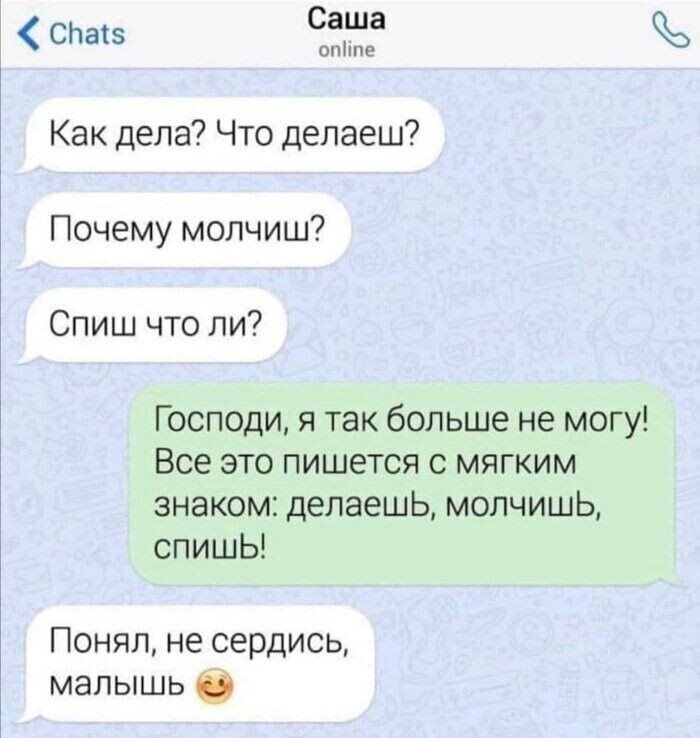 Саша отит став Как дела Что делаеш Почему мопчиш Спиш что ли Господи так больше не могу Все это пишется с мягким знаком делаешь молчишь спишЬ Понял не сердись малышь О