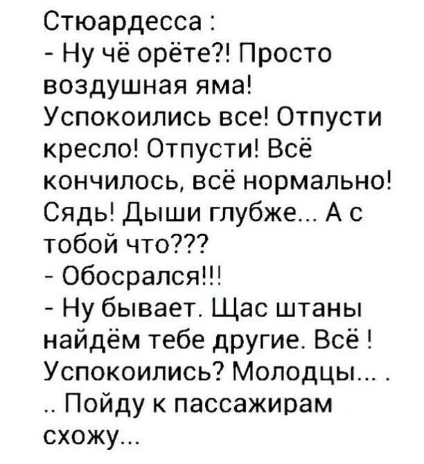 Стюардесса Ну чё орёте Просто воздушная яма Успокоились все Отпусти кресло Отпусти Всё кончилось всё нормально Сядь Дыши глубже А с тобой что Обосрался Ну бывает Щас штаны найдём тебе другие Всё Успокоипись Молодцы Пойду к пассажирам схожу