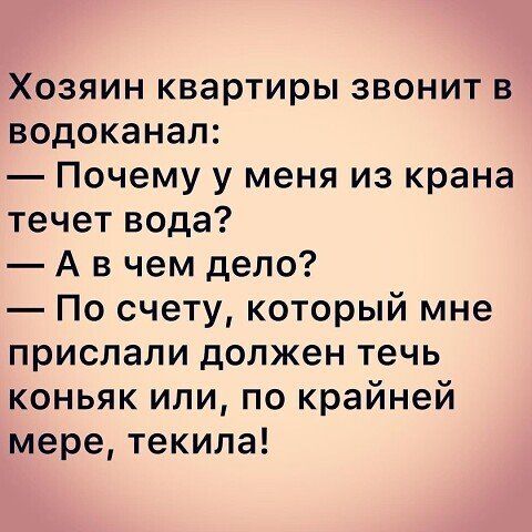 Хозяин квартиры звонит в водоканал Почему у меня из крана течет вода А в чем дело По счету который мне прислали должен течь коньяк или по крайней мере текила