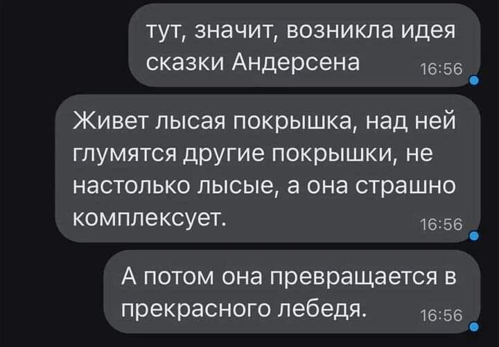 тут значит возникла идея сказки Андерсена 1655 Живет лысая покрышка над ней глумятся другие покрышки не настолько лысые а она страшно комплексует 56 _ А потом она превращается в прекрасного лебедя 56