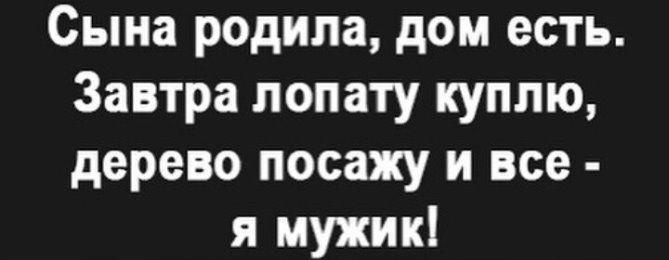 Сына родила дом есть Завтра лопату куплю дерево посажу и все я мужик