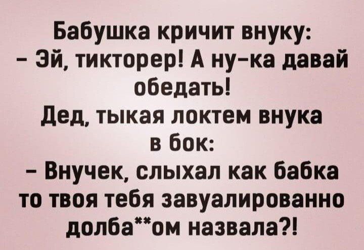 Бабушка кричит внуку Эй тикторер А ну ка давай обедать дед тыкая локтем внука в бок Внучек слыхал как бабка то твоя тебя завуалированно долбаом назвала