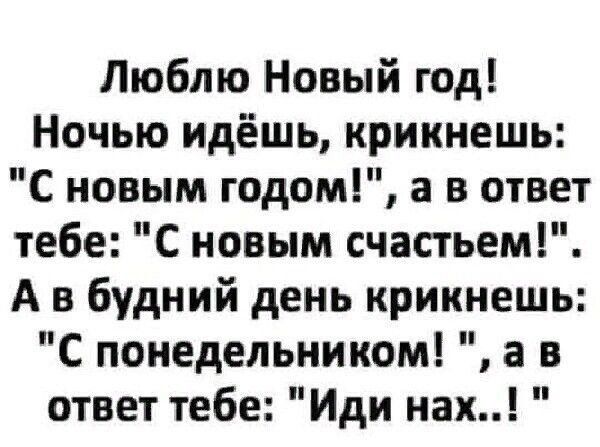 Люблю Новый год Ночью идёшь крикнешь С новым годом а в ответ тебе С новым счастьем А в будний день крикнешь С понедельникам а в ответ тебе Иди нах