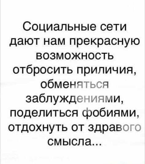 Социальные сети дают нам прекрасную возможность отбросить приличия обменяться заблуждениями поделиться фобиями отдохнуть от здравого смысла