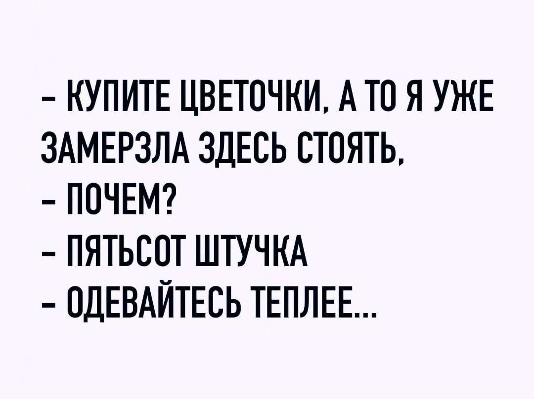 КУПИТЕ ЦВЕТОЧКИ А ТП Я УЖЕ ЗАМЕРЗЛА ЗДЕСЬ СТОЯТЬ ПОЧЕМ ПЯТЬСПТ ШТУЧКА ПДЕВАЙТЕСЬ ТЕПЛЕЕ