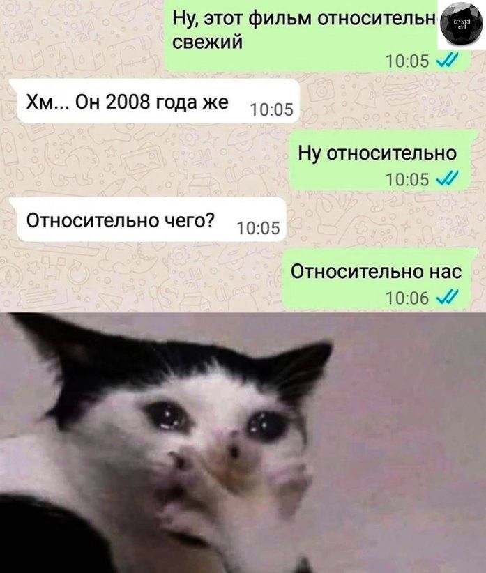 Ну этот Фильм относитепьн свежий 1005 Хм Он 2008 года же 5 Ну относительно то 05 _ Относительно чего 1005 Относительно нас то об