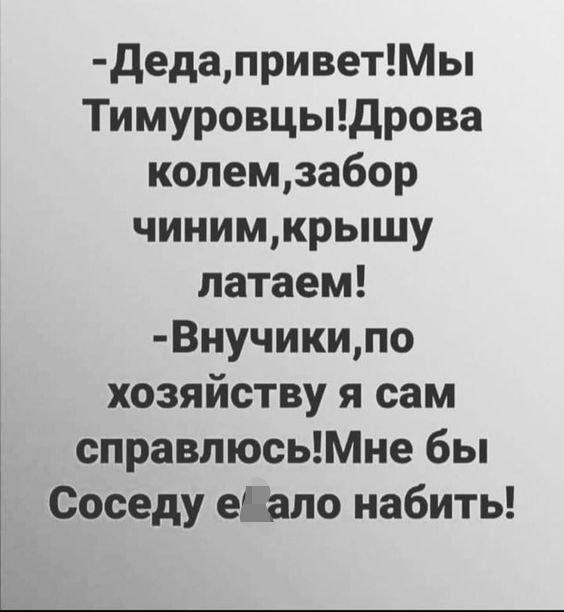 дедаприветМы Тимуровцыдрова колемзабор чинимкрышу латаем Внучикипо хозяйству я сам справлюсьМне бы Соседу еЬапо набить