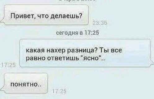 Привет что делаешь сегодня 31725 какая нахер разницаТы все равно ответишь ясно ПОНЯТН0