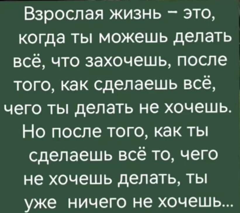 Взрослая жизнь это когда ты можешь делать всё что захочешь после того как сделаешь всё чего ты делать не хочешь Но после того как ты сделаешь всё то чего не хочешь делать ты уже ничего не хочешь