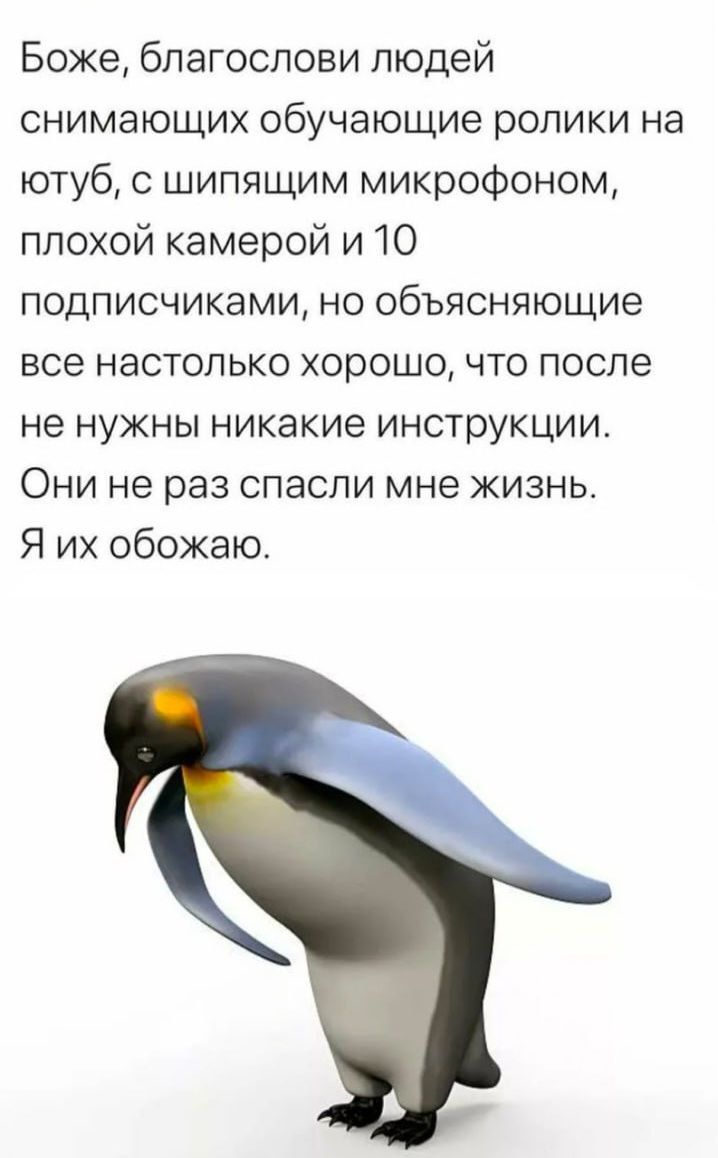 Боже благослови людей снимающих обучающие ролики на ютуб с шипящим микрофоном плохой камерой и 10 подписчиками но объясняющие все настолько хорошо что после не нужны никакие инструкции Они не раз спасли мне жизнь Я их обожаю