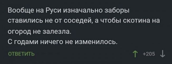 Вообще на Руси изначально заборы ставились не от соседей а чтобы скотина на огород не залезла С годами ничего не изменилось ты т ф