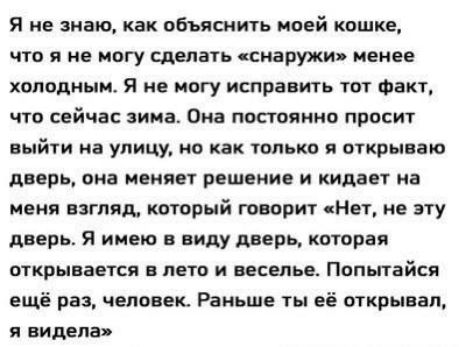 Я не знаю как объяснить моей кошке что я не могу сделать кнаружи иеиее холодным я не магу исправить твт Факт что сейчас зима Оиа постоянно просит выйти на улицу по как только вткрываю дирь она ноииет реш ии и кидает иа меня взгляд который тырит чНцт на эту дверь Я имею в виду дверь которая открывается лето и веселье Попытайся ещё раз человек Раньше ты её открывал видела