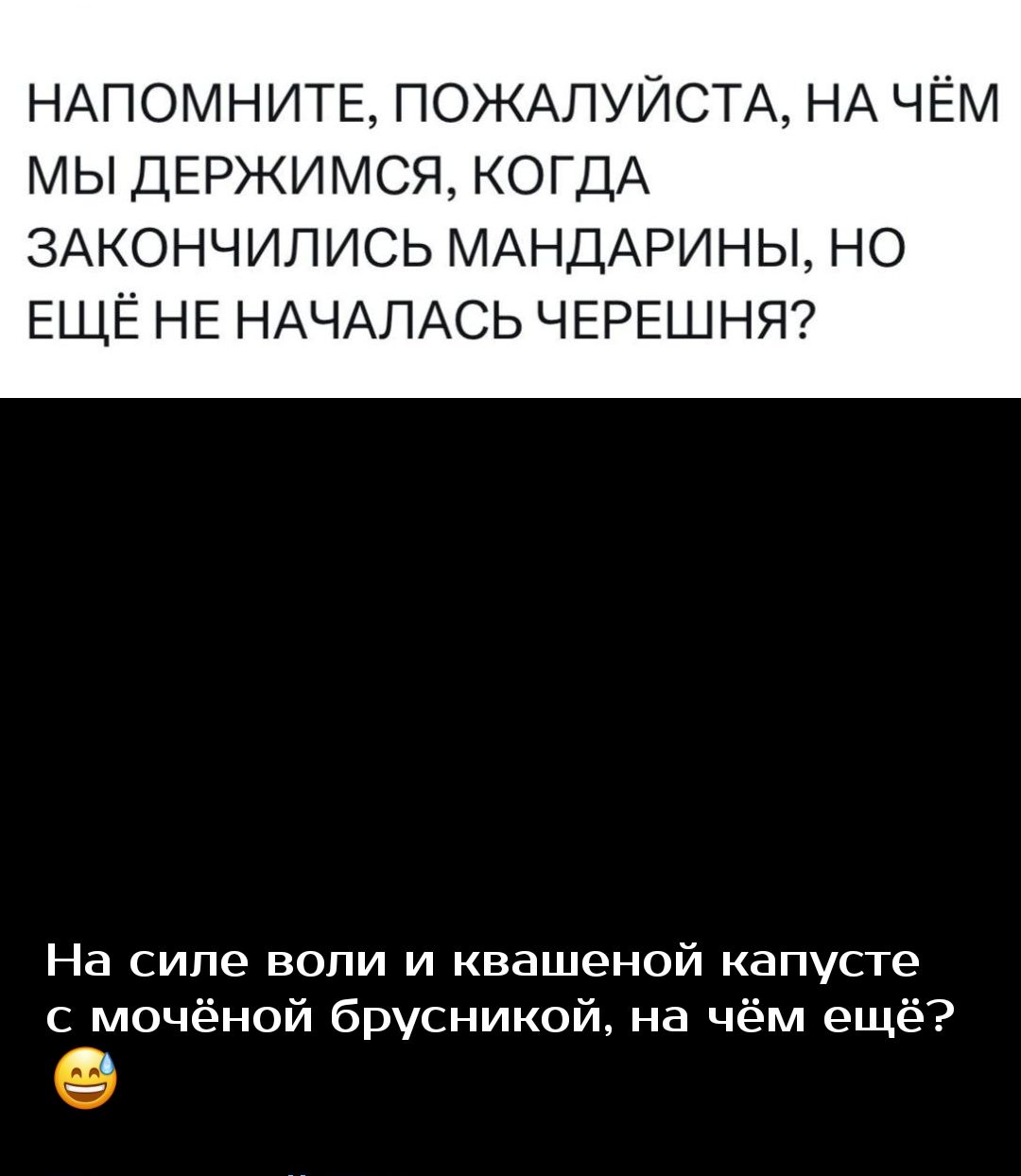 НАПОМНИТЕ ПОЖАЛУЙСТА НА ЧЁМ мы ДЕРЖИМСЯ КОГДА ЗАКОНЧИПИСЬ МАНДАРИНЫ НО ЕЩЁ НЕ НАЧАЛАСЬ ЧЕРЕШНЯ На силе воли и квашеной капусте мочёной брусникой на чём ещё и