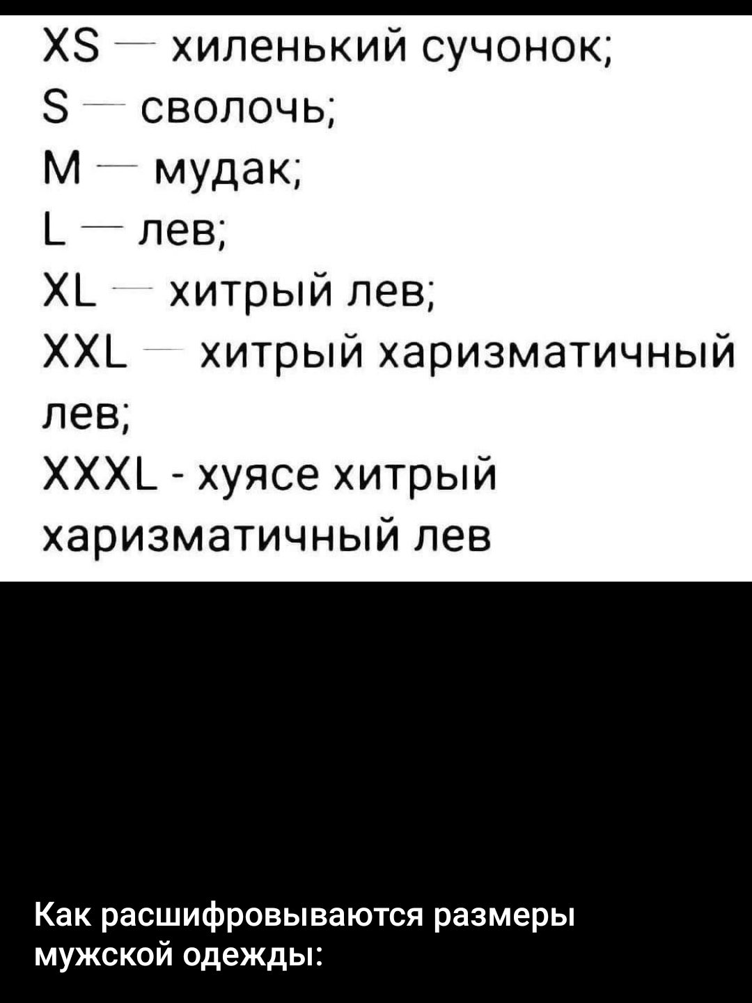 ХЗ хиленький сучонок сволочь М мудак лев Х_ хитрый лев ХХЬ хитрый харизматичный лев ХХХ_ хуясе хитрый харизматичный лев Как расшифровываются размеры мужской одежды