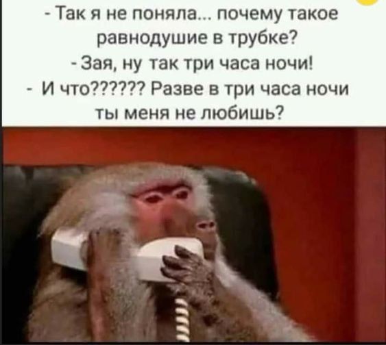Так я не поняла почему такое равнодушие в трубке Зая ну так три часа ночи И что Разве в три часа ночи ты меня не любишь