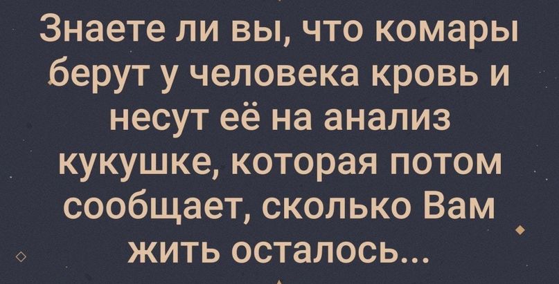 Знаете ли вы что комары берут у человека кровь и несут её на анализ кукушке которая потом сообщает сколько Вам жить осталось