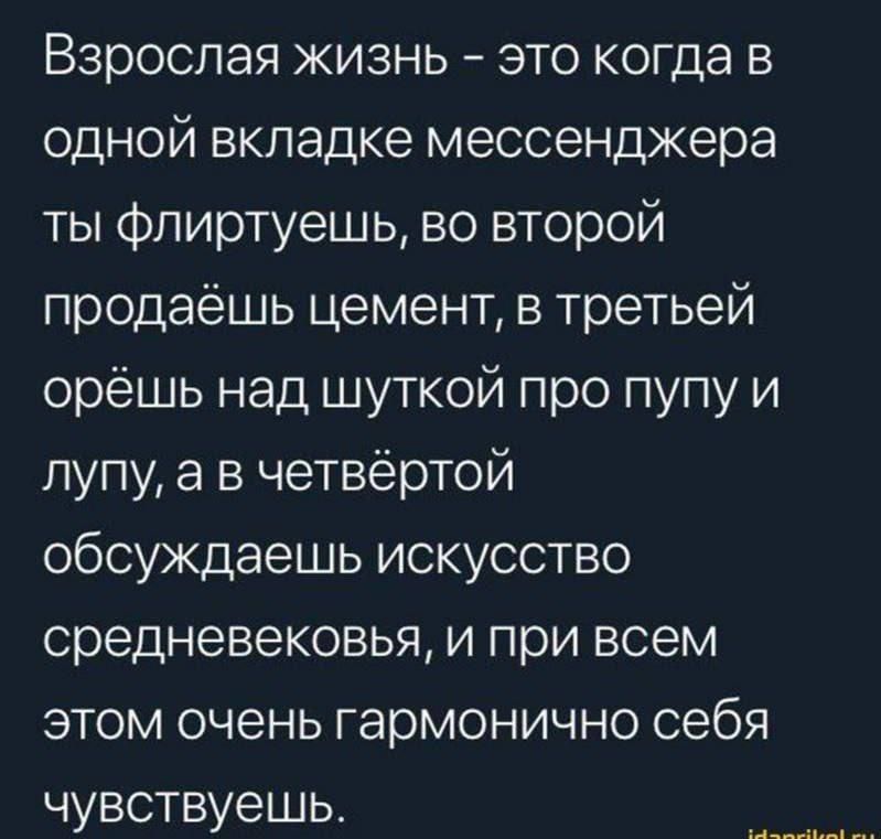 Взрослая жизнь это когда в одной вкладке мессенджера ты Флиртуешь во второй продаёшь цемент в третьей орёшь над шуткой про пупу и лупу а в четвёртой обсуждаешь искусство средневековья и при всем этом очень гармонично себя чувствуешь