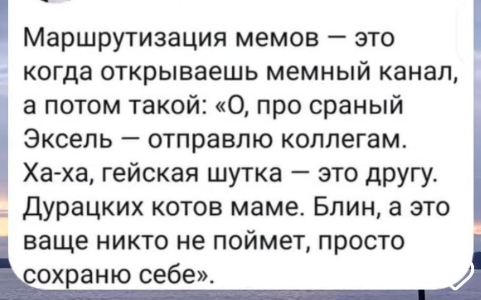 Маршрутизация мемов это когда открываешь мемный канал а потом такой 0 про сраный Эксель отправлю коллегам Ха ха гейская шутка это другу дурацких котов маме Блин а это ваще никто не поймет просто ох аню себе