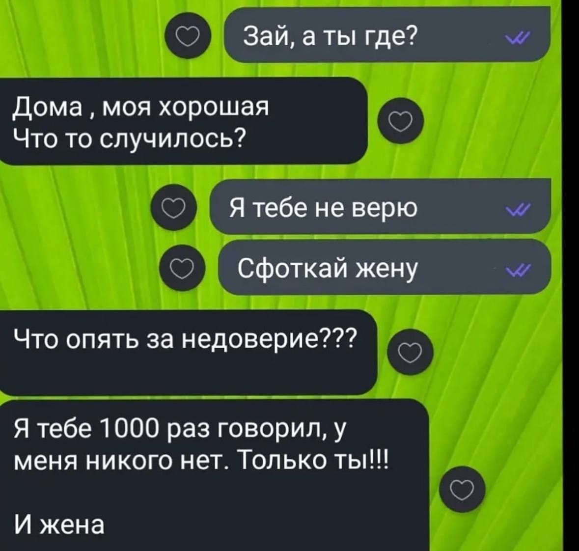 Зай аты где Дома моя хорошая с Что то случилось Я тебе не верю Д Сфоткай жену Что опять за недоверие Я тебе 1000 раз говорил у меня никого нет Только ты И жена