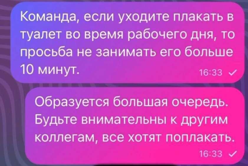 Команда если уходите плакать в туалет во время рабочего дня то просьба не занимать его больше 10 минут 1633 У Образуется большая очередь Будьте внимательны к другим коллегам все хотят поплакать 1633 м