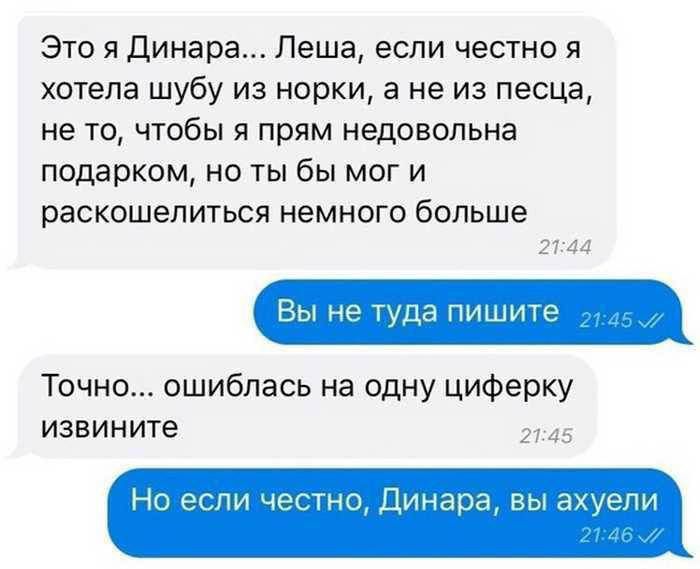 Это я Динара Леша если честно я хотела шубу из норки а не из песца не то чтобы я прям недовольна подарком но ты бы мог и раскошелиться немного больше Вы не туда пишите Точно ошиблась на одну циферку извините 2145 стно Динара вы