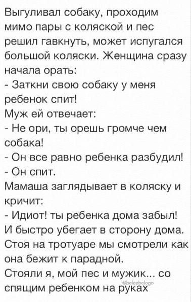 Выгуливал собаку проходим мимо пары с коляской и пес решил гавкнуть может испугался большой коляски Женщина сразу начала орать Заткни свою собаку у меня ребенок спит Муж ей отвечает Не ори ты орешь громче чем собака Он все равно ребенка разбудил Он спит Мамаша заглядывает в коляску и кричит Идиот ты ребенка дома забыл И быстро убегает в сторону дом