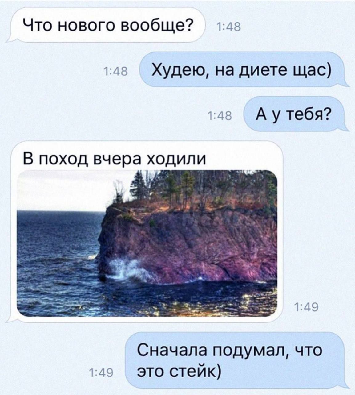 Что нового вообще 1ла ав Худею на диете щас тав Аутебя В поход вчера ходили Сначала подумал что д9 Ээто стейк