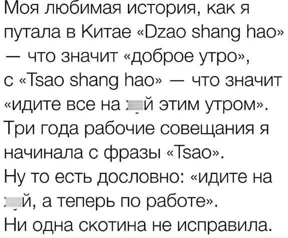 Моя любимая история как я путала в Китае О2ао зпапо Пао что значит доброе утро с Т5ао зПпапа Пао что значит идите все на жай этим утром Три года рабочие совещания я начинала с фразы ТЗасо Ну то есть дословно идите на зай а теперь по работе Ни одна скотина не исправила