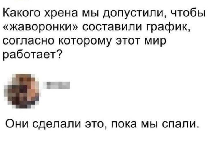 Какого хрена мы допустили чтобы жаворонки составили график согласно которому этот мир работает Н Они сделали это пока мы спали