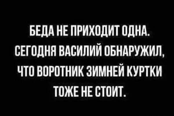 БЕДА НЕ ПРИХОДИТ ОДНА СЕГОДНЯ ВАСИЛИЙ ОБНАРУЖИЛ ЧТО ВОРОТНИК ЗИМНЕЙ КУРТКИ ТОЖЕ НЕ СТОИТ